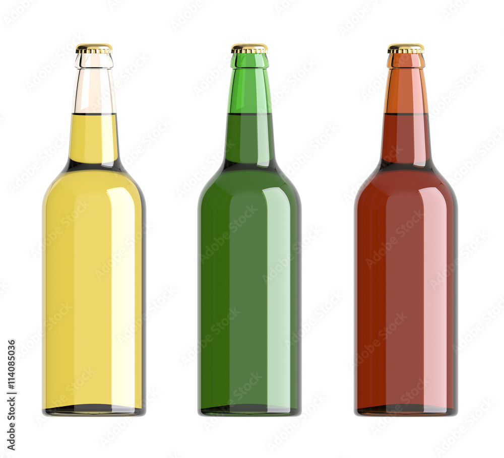 Bottled beer yellow, green and red colors. 3D rendering. Bottled beer yellow, green and red colors. 3D rendering.