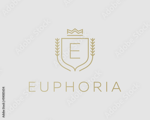 Premium monogram letter E initials ornate signature logotype. Elegant crest logo icon vector design. Luxury shield crown sign.