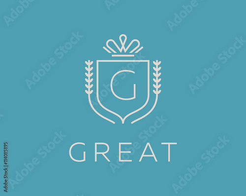 Elegant monogram letter G logotype. Premium crest logo design. Shield, royal crown symbol. Print, t-shirt shape.