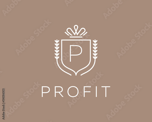 Elegant monogram letter P logotype. Premium crest logo design. Shield, royal crown symbol. Print, t-shirt shape.