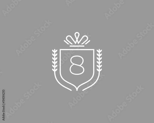 Elegant number 8 logotype. Premium numeral crest logo design. Luxury figure shield rounded crown sign. Print, t-shirt shape.