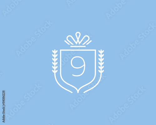 Elegant number 9 logotype. Premium numeral crest logo design. Luxury figure shield rounded crown sign. Print, t-shirt shape.