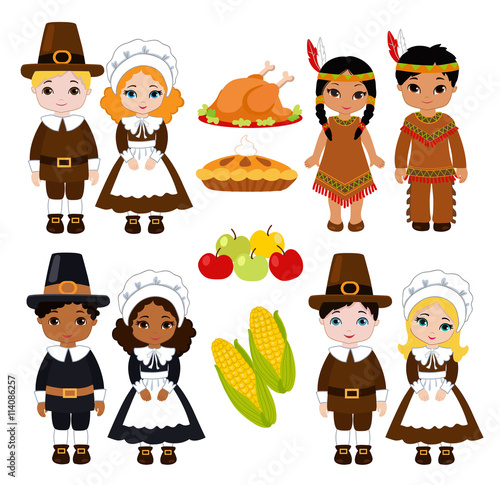 A group of kids - Indians and Pilgrims - sharing food for Thanksgiving photo