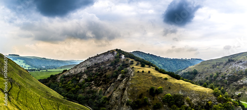 Mountain landscape panorama of peaks in Dovedale, England