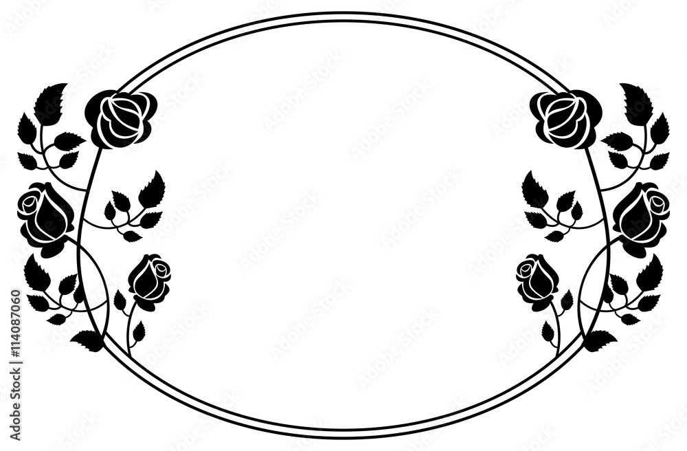 custom made wallpaper toronto digitalOval black and white frame with roses silhouettes. Vector clip art.