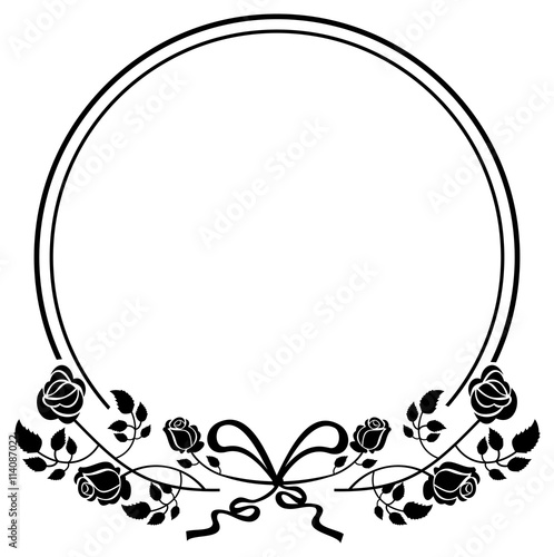 Round black and white frame with roses silhouettes. Vector clip art.