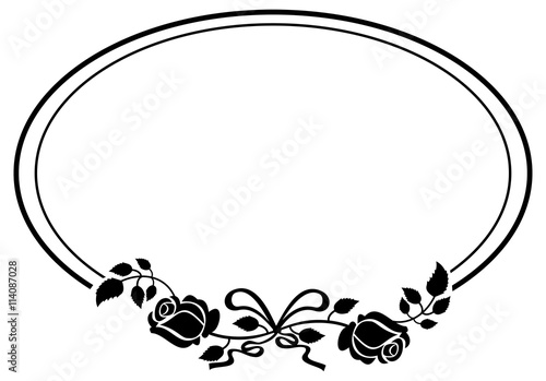 Oval black and white frame with roses silhouettes. Vector clip art.