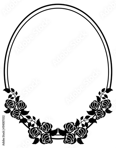 Oval black and white frame with roses silhouettes. Vector clip art.