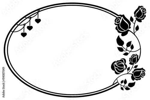 Oval black and white frame with roses silhouettes. Vector clip art.