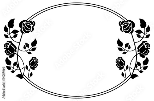 Oval black and white frame with roses silhouettes. Vector clip art.