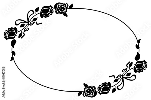 Oval black and white frame with roses silhouettes. Vector clip art.