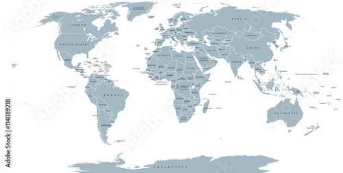 Obraz na płótnie Mapa polityczna świata. Szczegółowa mapa świata z liniami brzegowymi, granicami państwowymi i nazwami krajów. Robinson projekcja, angielski etykietowanie, popielata ilustracja na białym tle.