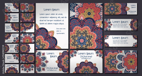 Vector visiting card set. Floral mandala pattern and ornaments. Oriental design Layout. Islam, Arabic, Indian, ottoman motifs. Front back page.