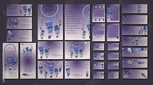 Vector set of abstract ethnic flyers with arrows, dreamcatcher, feather frames. Boho design brochure templates.