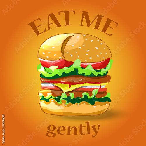Cartoon burger. Cheeseburger or hamburger icon for fastfood restaurant. Vector illustration. Orange background