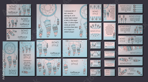 Vector set of abstract ethnic flyers with arrows, dreamcatcher, feather frames. Boho design brochure templates.