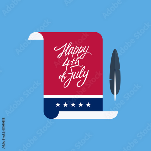 Happy 4th of july hand drawn lettering. American Independence Day greeting card with paper and feather. Vector illustration.