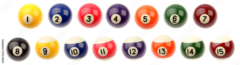 Fifteen pool snooker balls on plain background - obrazy, fototapety, plakaty 