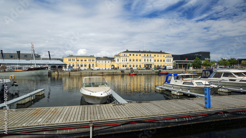 View of the river Nidelva and railwaystation in Trondheim, Norwa photo