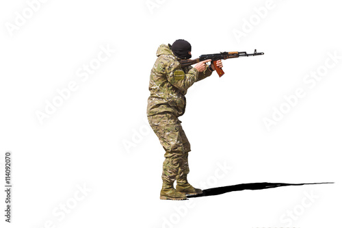 Soldier shoots with the submachine gun