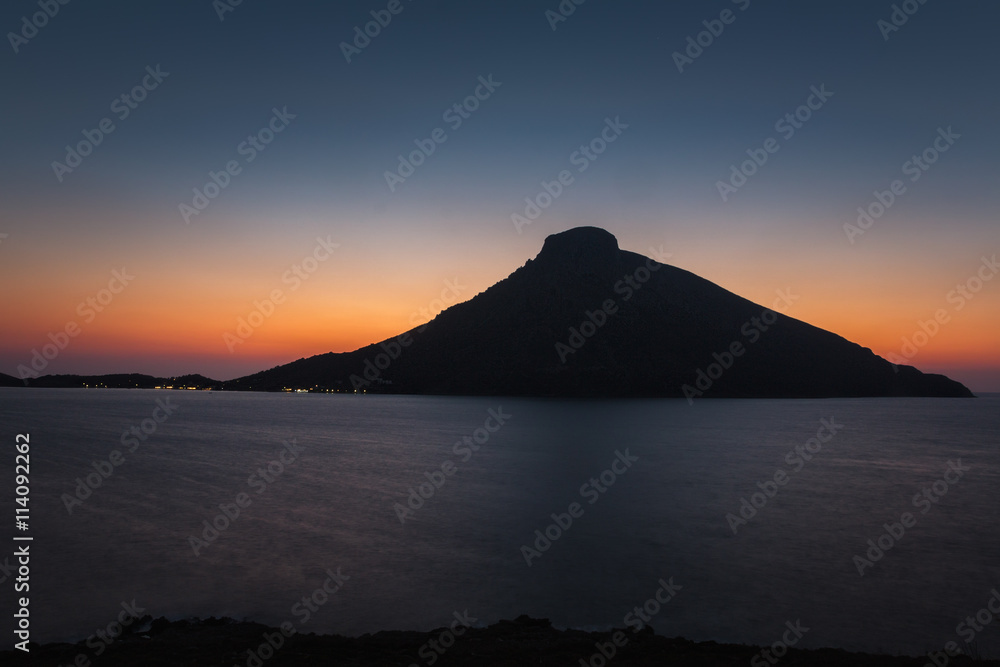 Sundown on Telendos Greek island of Dodecanese archipelago in Aegean sea