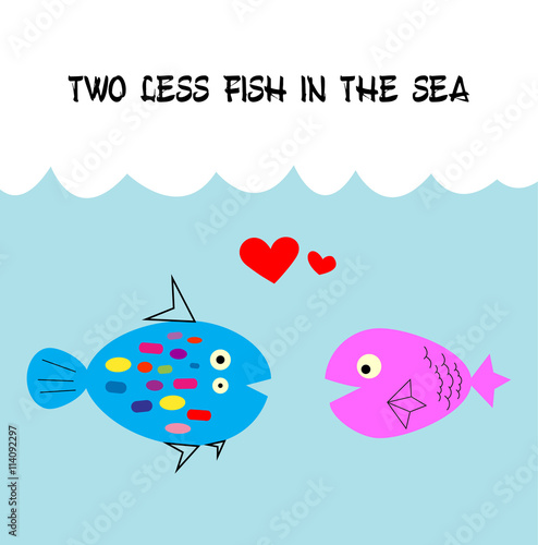 two less fish in the sea wedding invitation card vector. cute graphic cartoon ocean fish wedding greeting card illustration. valentine card with two fish in the sea.