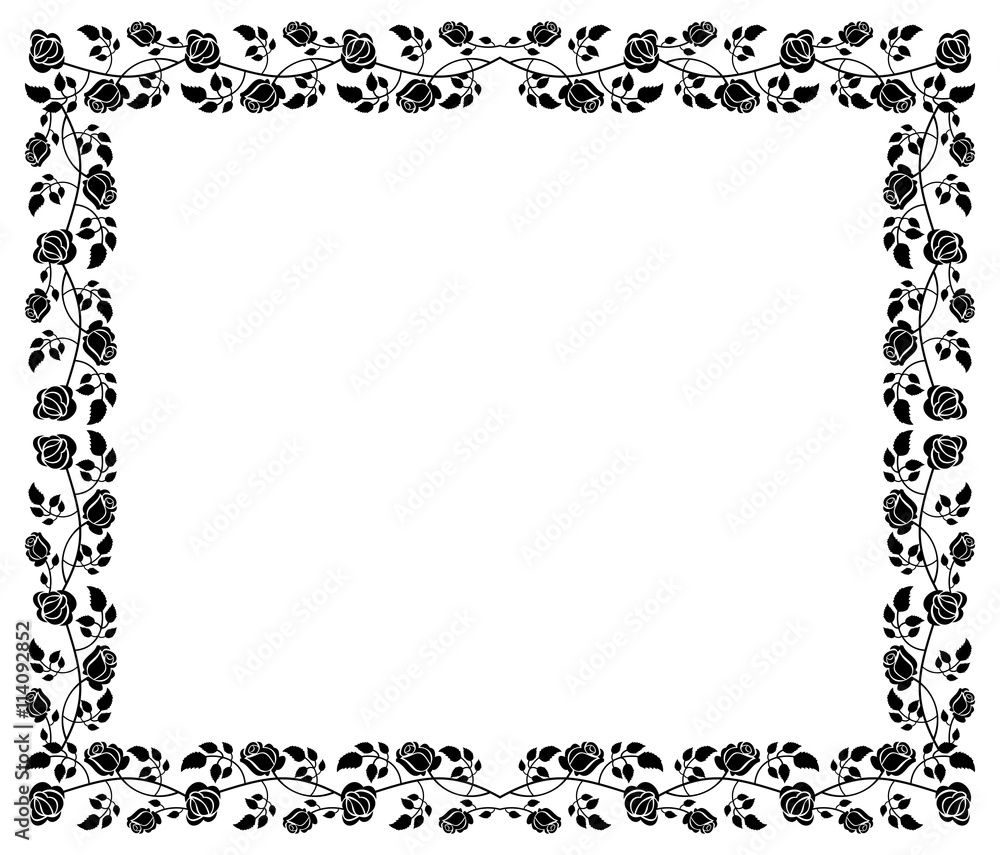 Horizontal black and white frame with roses silhouettes. Vector clip art. Horizontal black and white frame with roses silhouettes. Vector clip art.