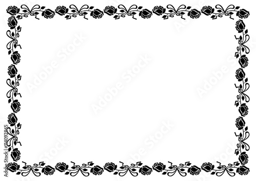 Horizontal black and white frame with roses silhouettes. Vector clip art.