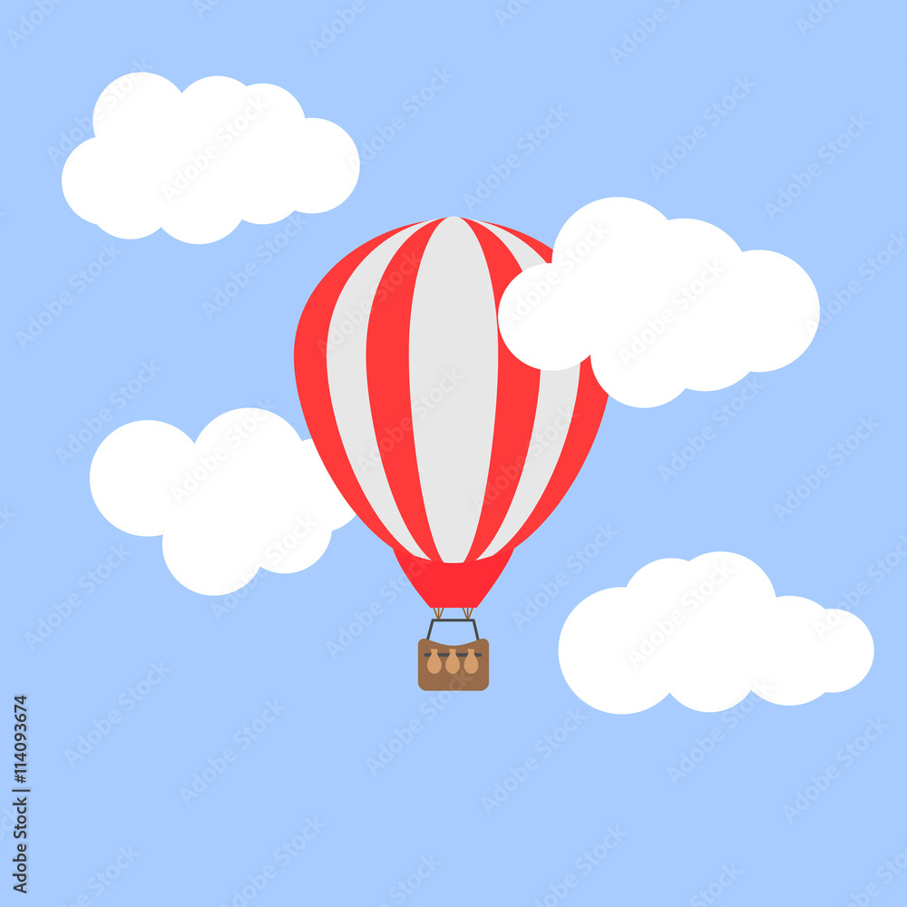 Fototapeta premium Hot air balloon in the cloudy sky. Vector illustration