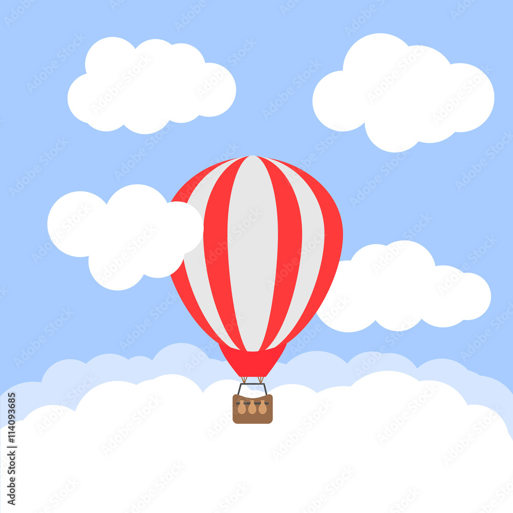 Fototapeta premium Hot air balloon in the cloudy sky. Vector illustration