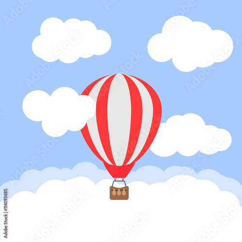 Hot air balloon in the cloudy sky. Vector illustration