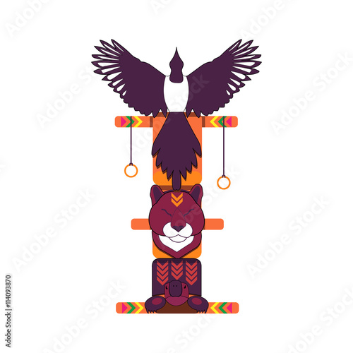 Colored north indian totem pole, vector illustration. Magpie totem. 