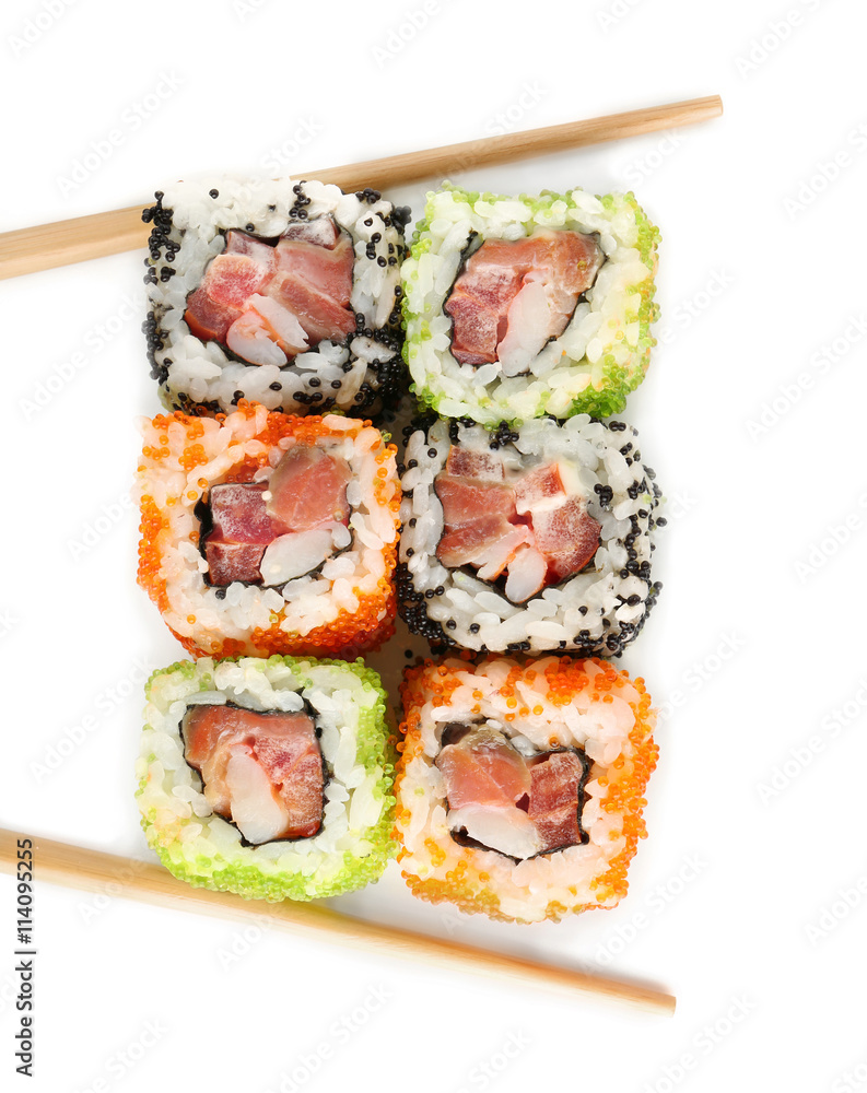 Sushi roll with chopsticks, isolated on white Sushi roll with chopsticks, isolated on white