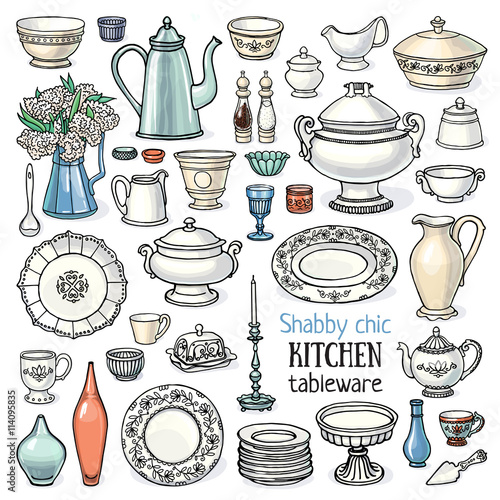 Vector illustration set of vintage dishes, shabby chic style