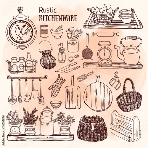 Vector illustration rustic kitchen set on watercolor background