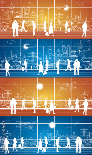 Airport terminal, airport panorama set, aircraft on runway, airplane takeoff, people expect flight,  city infrastructure on background, vector design art