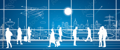 Airport terminal, airport panorama, aircraft on runway, airplane takeoff, people expect flight,  city infrastructure on background, vector design art