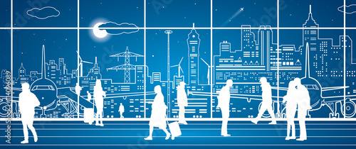 Airport terminal, airport panorama, aircraft on runway, airplane takeoff, people expect flight,  city infrastructure on background, vector design art
