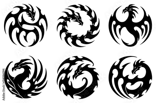 vector illustration, set of round tribal dragon tattoo designs, black and white graphics photo