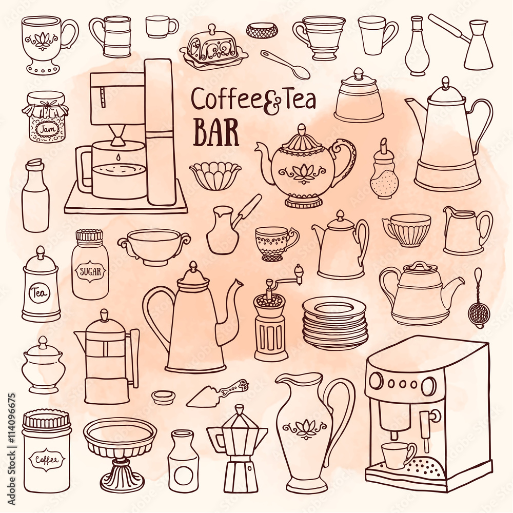 Doodle sketch of pots, cups, coffee machine on watercolor background Doodle sketch of pots, cups, coffee machine on watercolor background