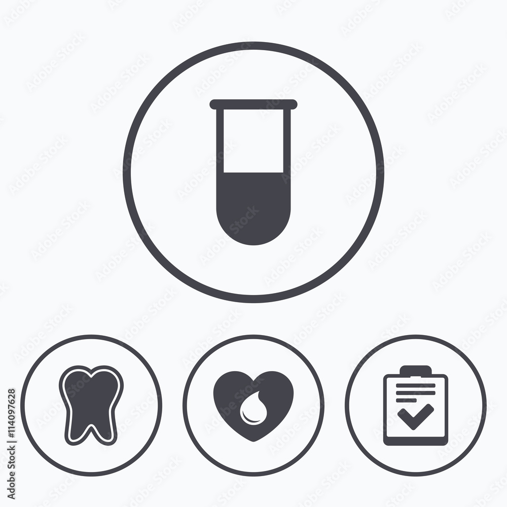 Medical icons. Tooth, test tube, blood donation. Medical icons. Tooth, test tube, blood donation.