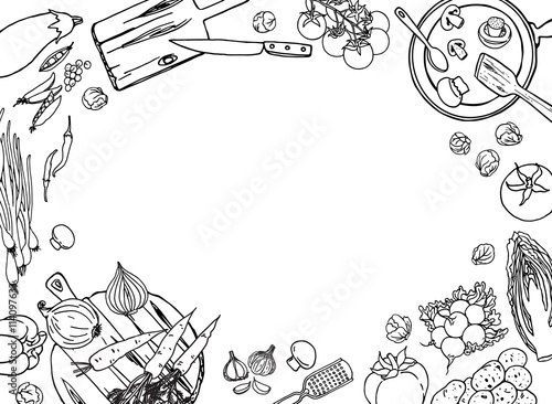 Top view kitchen template with vegetables and dishes for design.