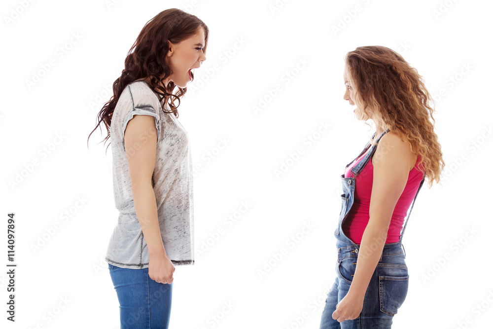 Two aggressive women screaming to each otcher Two aggressive women screaming to each otcher