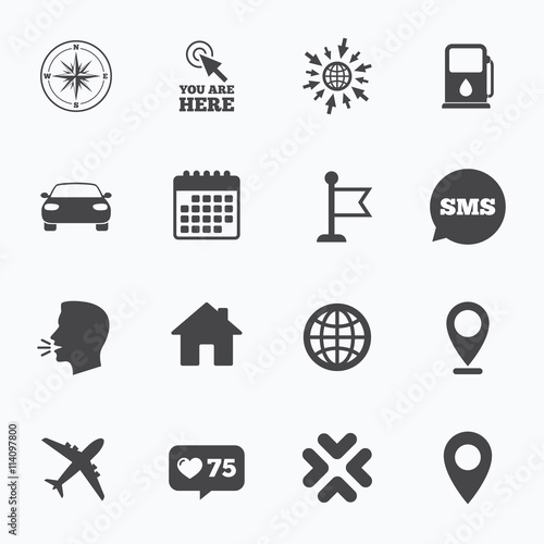 Navigation, gps icons. Windrose, compass signs.