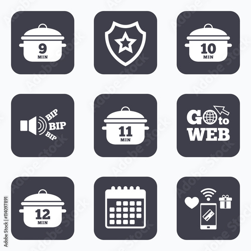 Cooking pan icons. Boil nine, twelve minutes.