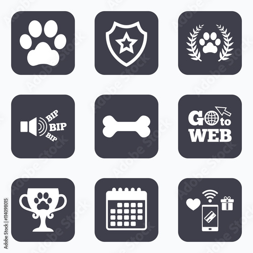 Pets icons. Dog paw sign. Winner laurel wreath.