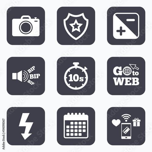 Photo camera icon. Flash light and exposure.