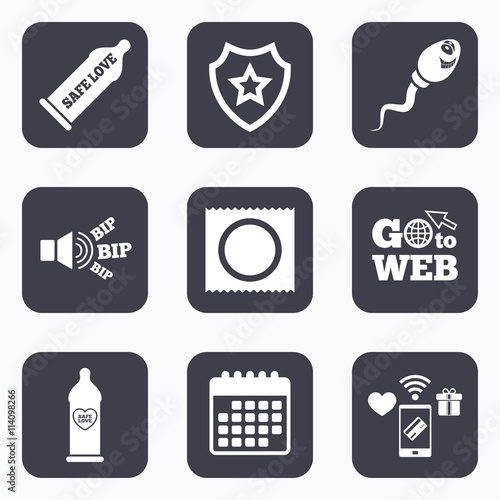 Safe sex love icons. Condom in package symbols.