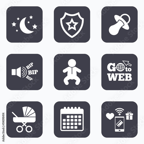 Moon and stars. Baby infant icon. Buggy, dummy.