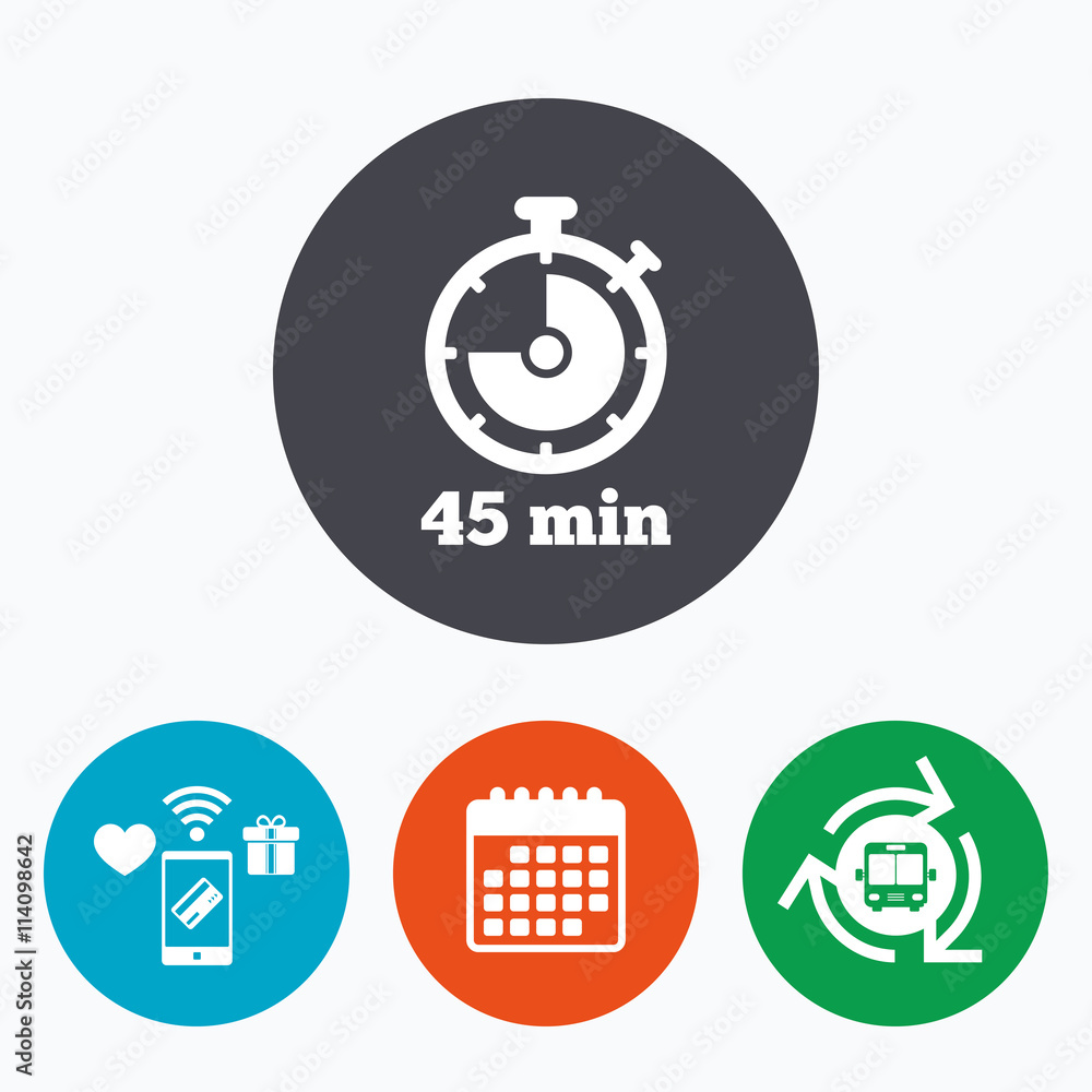 Timer sign icon. 45 minutes stopwatch symbol. Timer sign icon. 45 minutes stopwatch symbol.
